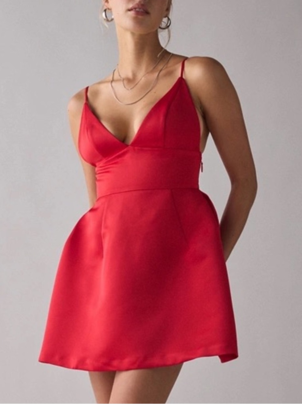 🟤NWT KIMCHI BLUE Petit Fours Fit-And-Flare Satin Mini Dress in Red